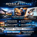 SCHULZTECNO 📡 Instalamos Starlink rápido y sin vueltas 💡 Solucionamos problemas eléctricos en tu hogar ❄ Colocamos tu aire split con instalación profesional SCHULZTECNO 📡 Instalamos Starlink rápido y sin vueltas 💡 Solucionamos problemas eléctricos en tu hogar ❄ Colocamos tu aire split con instalación profesional